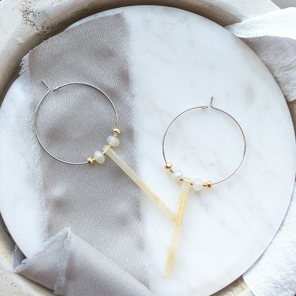 Hand Crafted Steel and Golden Acetate Stick Earrings - Picture 2 of 6